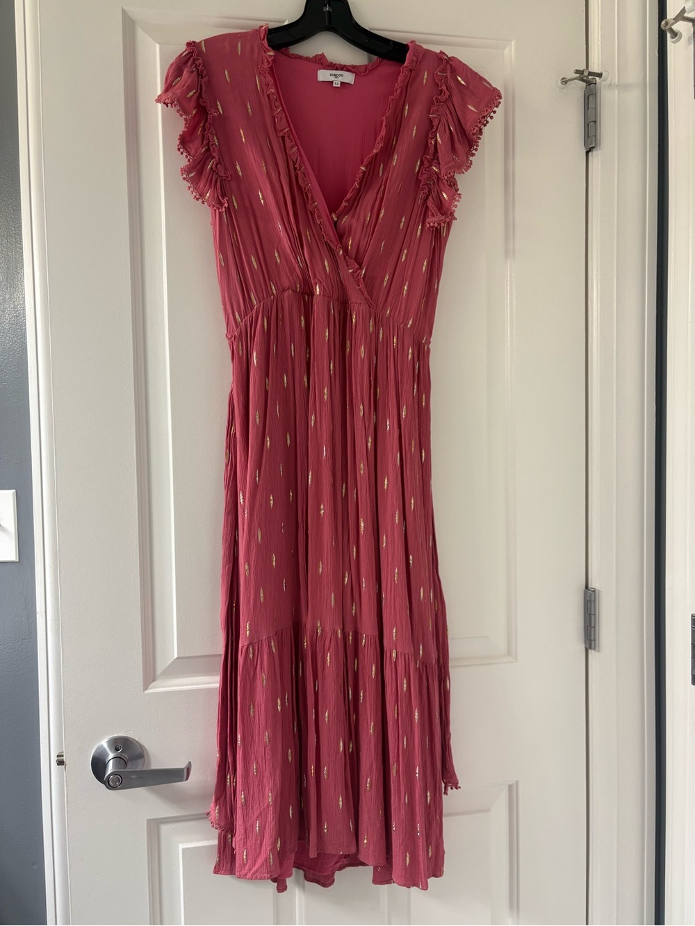 SUNCOO Pink Midi Dress with Gold Foil Detail
